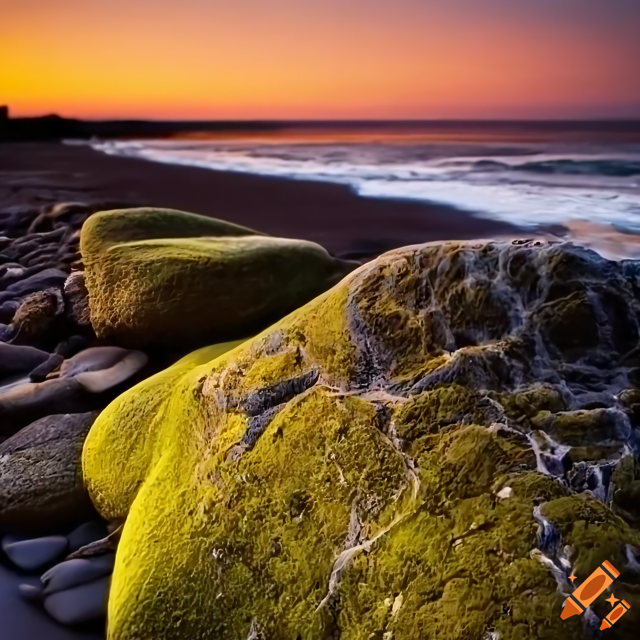 detail photography waves sunset beach moss stone foreground